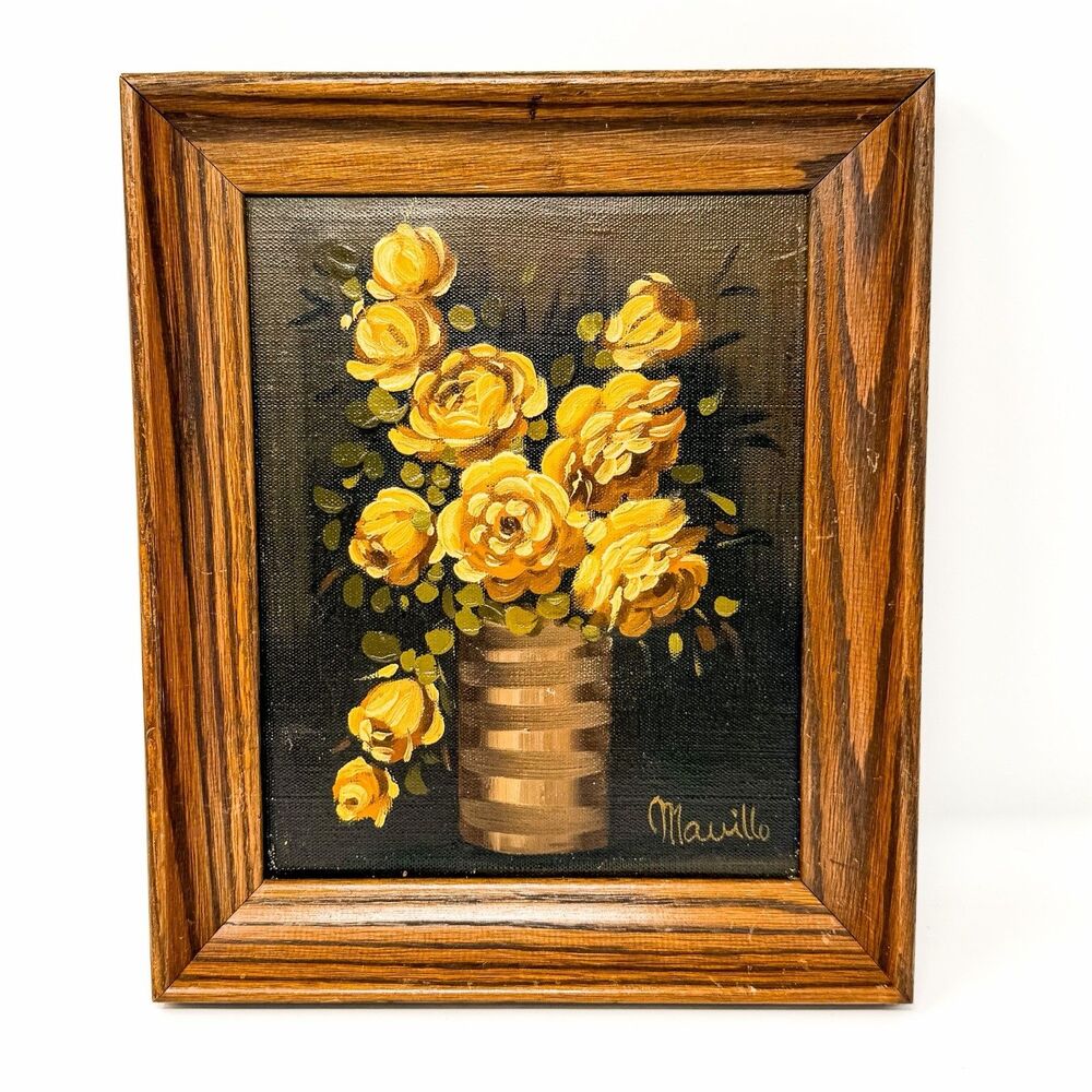 Vintage 1970s Mavillo Signed Original Oil Painting Yellow Roses Floral Framed